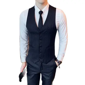 Черный мужской жилет и брюки в полоску, деловой, свадебный, праздничный мужской парадный костюм S-5XL, жилет и брюки Могут продаваться отдельно