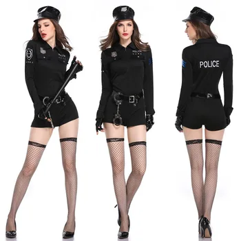 Черный комбинезон с длинным рукавом, женская полицейская форма, сексуальные женщины, Сексуальная женщина-полицейский, кружевная игровая форма, одежда для косплея