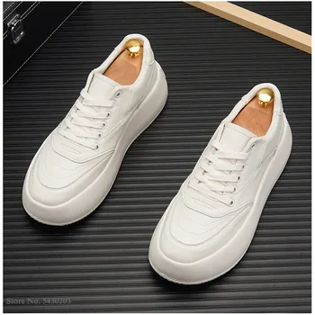 Мужские кроссовки из белой кожи с круглым носком, повседневная обувь в стиле хип-хоп, модная домашняя обувь на плоской подошве