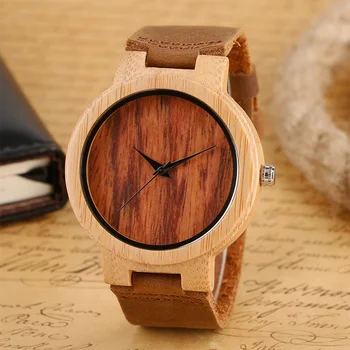 Старинные деревянные часы с коричневым кожаным ремешком, деревянные часы для женщин, мужские наручные часы из натурального бамбука, часы с простым циферблатом Reloj de madera