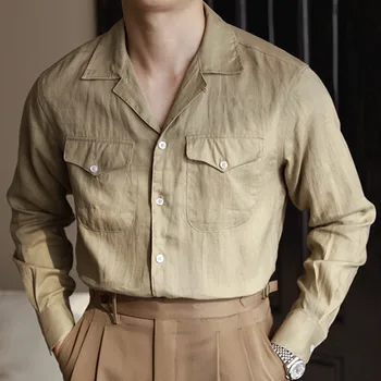 Льняная рубашка с Кубинским воротником и длинным рукавом, однотонная рубашка в стиле ретро, Британская Тонкая Универсальная повседневная рубашка, Мужская Camisa Social Masculina