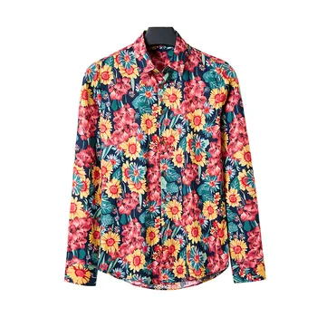 Весенняя рубашка с цветочным рисунком для мальчиков, однобортная рубашка с цветочным принтом на пуговицах, длинный рукав, мужская праздничная Гавайская пляжная одежда, Плюс размер 5xl