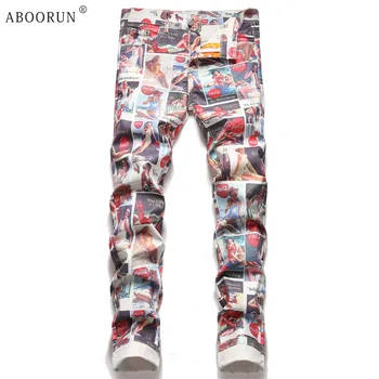 Джинсы с рисунком персонажей мужской моды ABOORUN, эластичные узкие брюки-карандаш для мужчин