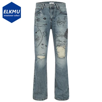 Мужские модные рваные джинсы Y2K с принтом граффити, синие джинсовые брюки, уличная одежда Harajuku, трендовые мужские джинсовые брюки