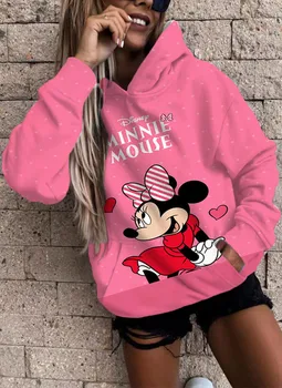 2022 осенний новый свитер Disney Minnie fashion fried street для девочек с мультяшным принтом и длинными рукавами, универсальный топ с карманом и капюшоном