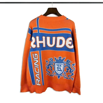 23SS Оранжевый Жаккардовый свитер с логотипом Rhude Для мужчин и женщин, повседневные толстовки высшего качества в стиле милитари