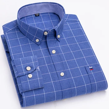 Мужская клетчатая рубашка из 100% хлопка с длинным рукавом и пуговицами, с одним нагрудным карманом, повседневная Оксфордская рубашка стандартного кроя в клетку в полоску