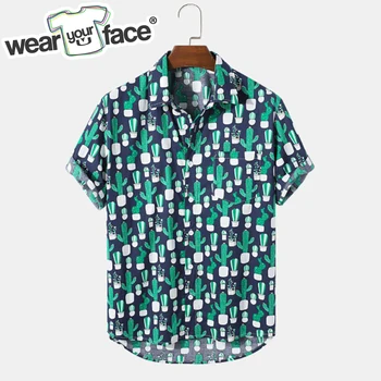 Гавайские повседневные рубашки на пуговицах с 3D принтом в виде кактуса и цветочной полоски, Пляжная Летняя Уличная мужская одежда с коротким рукавом, мужская одежда