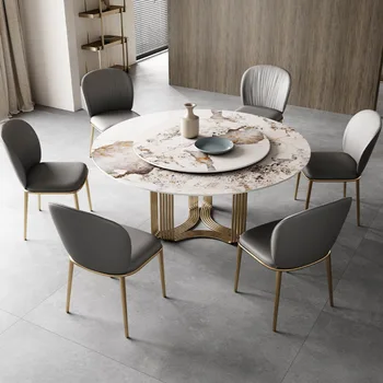 Легкий роскошный обеденный стол из круглой каменной плиты, небольшой бытовой современный мраморный обеденный стол с поворотным столом