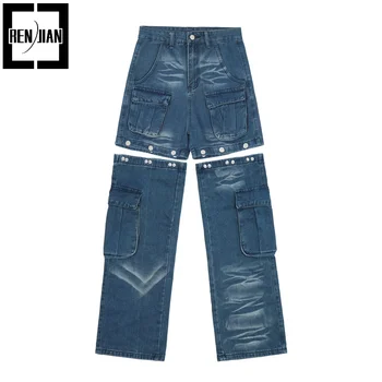 Модный дизайн, джинсы Y2K оверсайз, мешковатые джинсовые брюки-карго Со съемным низом карманов, можно носить как короткие