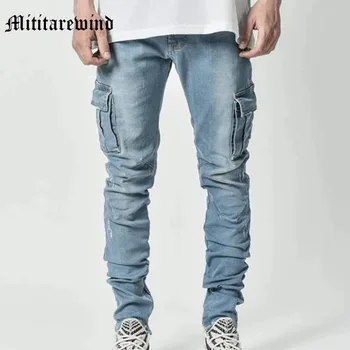 Уличная одежда со средней талией, обтягивающие джинсы, Винтажные стрейчевые Повседневные брюки-карго, мужские джинсовые брюки-карандаш с выстиранным принтом