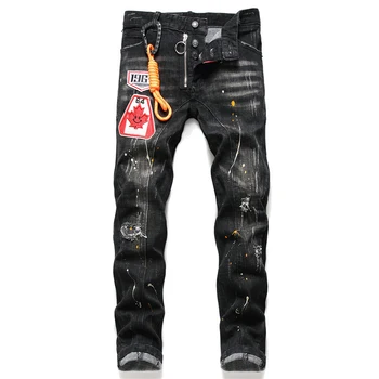 Новый оригинальный дизайн, Европейско-американский тренд, мужские джинсы, мото-байкерская ткань, эластичные джинсовые брюки с прямыми штанинами.