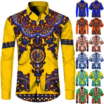 Модные мужские рубашки с коротким / длинным рукавом с африканским принтом, топы с отложным воротником в этническом стиле, одежда для примитивных племенных пар