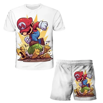 Летняя футболка с героями мультфильмов для мальчиков Super Mario + шорты, детский костюм, повседневный пляжный костюм, купальный костюм, подарок на день рождения, пляж