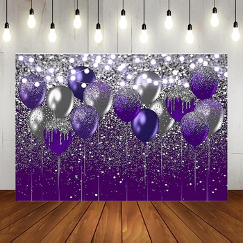 Фиолетовый и серебристый блестящий фон для дня рождения, свадьбы, выпускного вечера, фон для фотосъемки на выпускной, фиолетовые украшения из воздушных шаров