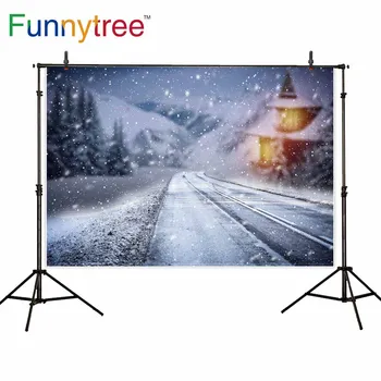 Фоны Funnytree для фотостудии зима, снег, боке, дорога, природа, Рождественский фон, фотосессия, фотобудка с принтом
