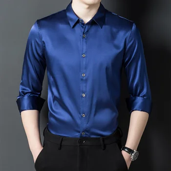 Гладкая яркая мужская рубашка из шелка высокого качества С длинными рукавами, Однотонная весенне-прохладная качественная Удобная Дышащая роскошная сорочка Homme
