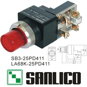 Кнопочный выключатель с подсветкой и Встроенным светодиодом SB3 LA68K KS PB25PD411 с мгновенным возвратом пружины Ø25 мм