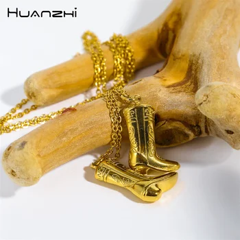Ожерелье с подвеской в виде ковбойских сапог из нержавеющей стали золотого цвета HUANZHI для женщин и мужчин, креативный дизайн, Шикарные Винтажные крутые ювелирные изделия 2023