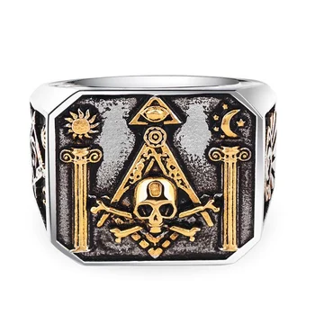 SECRET BOYS Ретро-масонское двухцветное кольцо с черепом из нержавеющей стали, мужские украшения в стиле панк-масон
