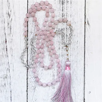 Модный браслет из натурального розового кварца и хрусталя, 108 бусин, длинное ожерелье, подарок для женщин, набор украшений с кисточками для медитации