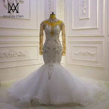 Свадебное платье с кружевной аппликацией в виде русалки с высоким воротом и длинным рукавом