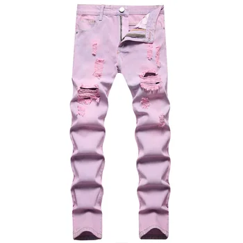 Розовые рваные мужские джинсы, весна-лето, Ностальгические потертые брюки, повседневные тонкие панталоны Para Hombre Vaqueros