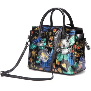 Высококачественные сумки с верхней ручкой из натуральной кожи с тиснением, женская сумка-мессенджер с кистью и цветочным рисунком, женская сумка-мессенджер через плечо