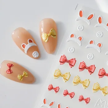 Милые Заячьи ушки Розовый Желтый Бант 5D Мягкие Рельефы Самоклеящиеся наклейки для ногтей Прекрасный Кролик 3D Наклейки для ногтей Оптом