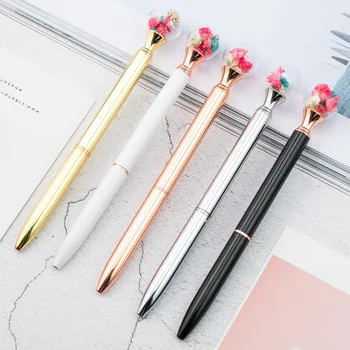 1шт Новая креативная шариковая ручка с сухим цветком, модная хрустальная Шариковая ручка, вращающаяся металлическая подарочная ручка, Офисные аксессуары