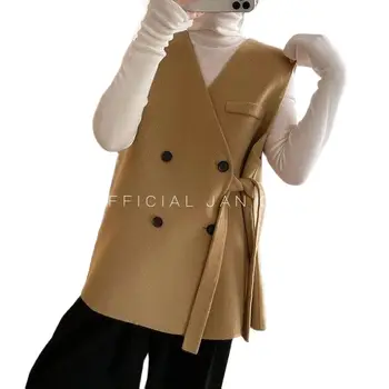 Демисезонный Женская Корейская мода Свободные без рукавов на шнуровке Двубортные шикарные шерстяные жилеты Женский офисный жилет пальто