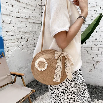 Однотонная женская сумка через плечо 2023, новая летняя кружевная сумка с галстуком-бабочкой, сумка со свежим цветком, повседневная маленькая круглая сумка для отдыха на море