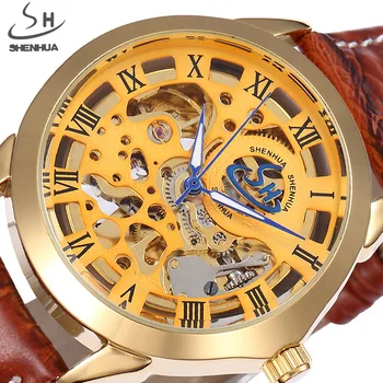Люксовый бренд SHENHUA Gold Skeleton Механические часы Мужские Прозрачные Кожаные мужские часы Relogio Masculino Автоматические часы