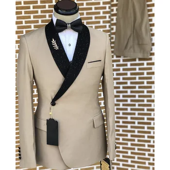 Блестящий черный воротник с мужскими костюмами цвета хаки, приталенный Модный дизайн из 2 предметов, свадебный костюм для мужчин, комплекты официальных блейзеров, наряд большого размера