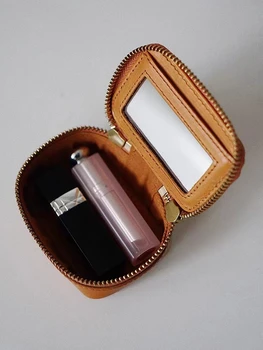 Винтажная косметичка ручной работы из натуральной кожи, сумка-органайзер для губной помады с зеркалом, портативный мини-набор для подкраски