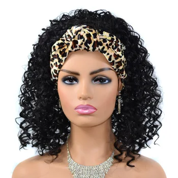 Парик из коротких черных синтетических волос с повязкой на голову и шарфом для черно-белых женщин, термостойкие пушистые парики для косплея, женские BY153
