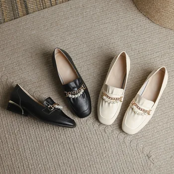 Бусины металлические цепи, кожаные женская обувь квадратный носок жемчуг квартиры женщины плиссированные лоферы покрытие каблуках, оксфорд обувь женщина 2022