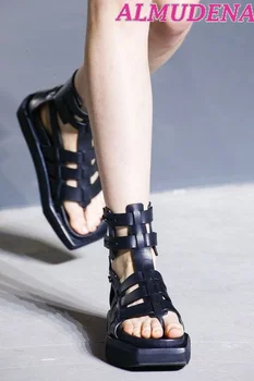 Черные кожаные Римские сандалии на плоской подошве с застежкой-молнией, женские вьетнамки на платформе с квадратным носком, удобная обувь на плоской подошве в стиле панк 2023, Летняя обувь больших размеров в стиле панк
