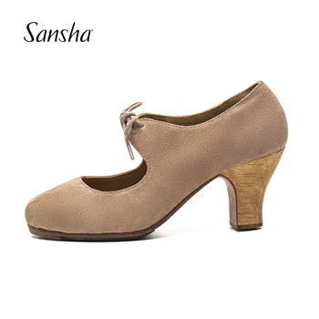 Женская обувь для танцев Sansha Professional с персонажами фламенко на шнуровке на среднем высоком каблуке 6 см, женская обувь для танцев черного/светло-коричневого цвета FL30L