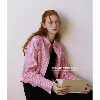 Firmranch 2023 Новая Корейская Дизайнерская Хлопковая Рубашка Dongdaemun Из 100% Хлопка С Лацканами, Розовая Клетчатая Рубашка, Куртки Для Женщин, Студенческое Пальто, Весна