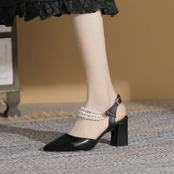 2023 Новые туфли на высоком каблуке с заострением, большие размеры 30-44, босоножки с ремешком на щиколотке с жемчугом, женская летняя обувь