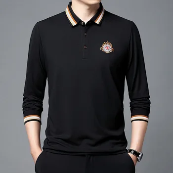 MLSHP Весенне-осенние мужские рубашки поло, роскошные хлопковые рубашки поло с вышивкой из хлопка с длинным рукавом, простые облегающие повседневные мужские футболки 4XL