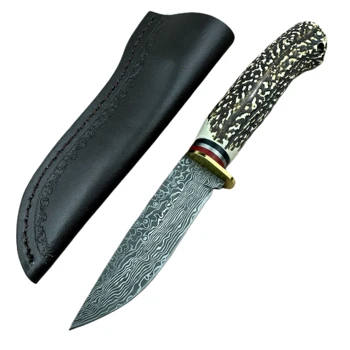 Хороший фиксированный нож для выживания, дамасское покрытие, лезвие 5CR15MOV, рукоятка из искусственной слоновой кости с кожаными ножнами, идеально подходит для кемпинга EDC, охоты