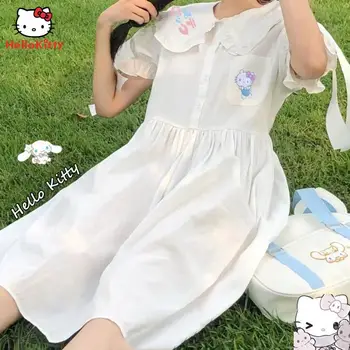 Каваи Хелло Китти Платье Для девочки Белое Мультяшное Летнее Японское Кукольное Ошейник Студенческая Дикая Юбка Милая Принцесса Студенческий Подарок на День Рождения