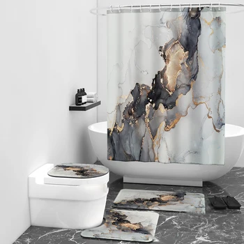 Абстрактная мраморная занавеска для душа с золотой текстурой, роскошные занавески для ванной из зернистого камня, крышка унитаза и коврик для ванной, нескользящие коврики