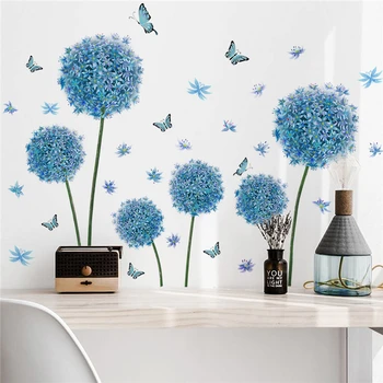 Большие синие наклейки на стену с бабочками-одуванчиками, цветы, домашний декор, гостиная, спальня, декоративные настенные росписи, Клейкие обои