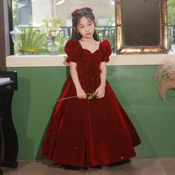 Красное платье в цветочек для девочек, квадратный воротник, Короткий/Длинный рукав, Бархатное Свадебное платье с бантом, Простое элегантное детское платье для выпускного вечера