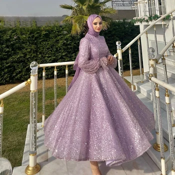 Роскошные мусульманские платья для выпускного вечера с бисером, пышные рукава, блестки Длиной до щиколоток, вечерние платья трапециевидной формы в арабском Дубае, женское платье