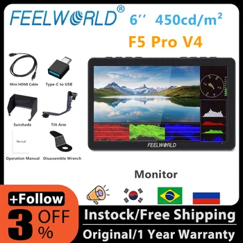 Полевой монитор FEELWORLD F5 Pro V4 с 6-дюймовым сенсорным ЖК-экраном 3D LUT, 4K HDMI-совместимая камера, видео-фотомонитор