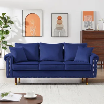 СИНИЙ Бархатный диван-кушетка с 2 подушками\  Современный 3 - местный диван с деревянными ножками для гостиной и спальни. Синий